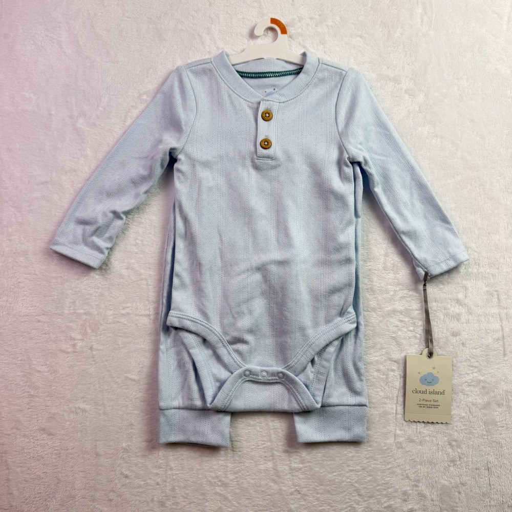 Cloud Island Light Blue Pointelle 2-Piece Henley Bodysuit and Pants Set 12M NEW
